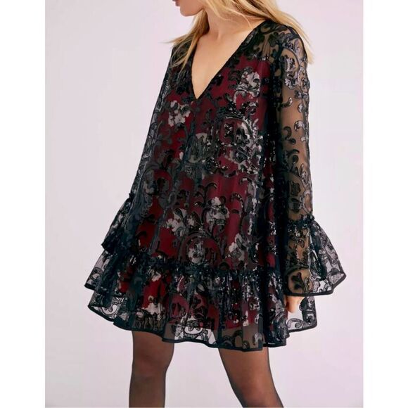 Free People Falling Flowers Frock Dress Size S Small Sequins Mini Long Sleeve V- - Picture 1 of 14